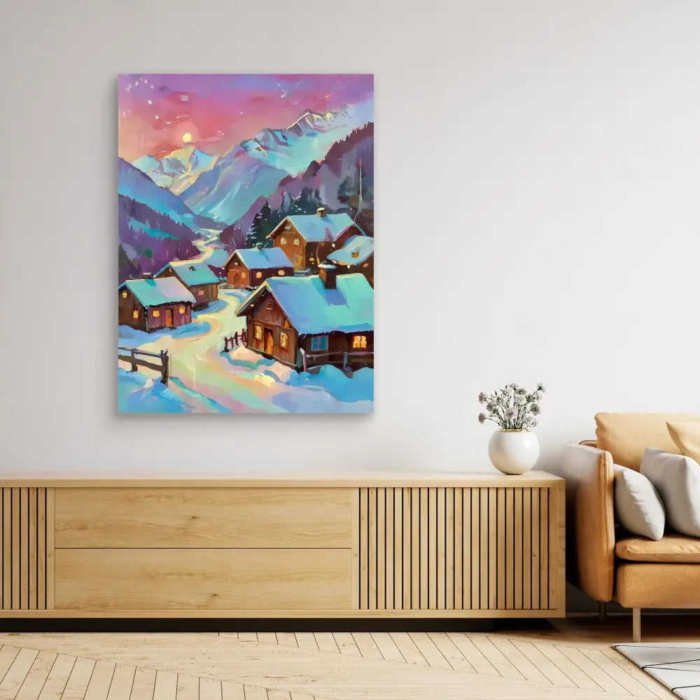 Colorful painting of snow-covered mountain cabins at sunset.