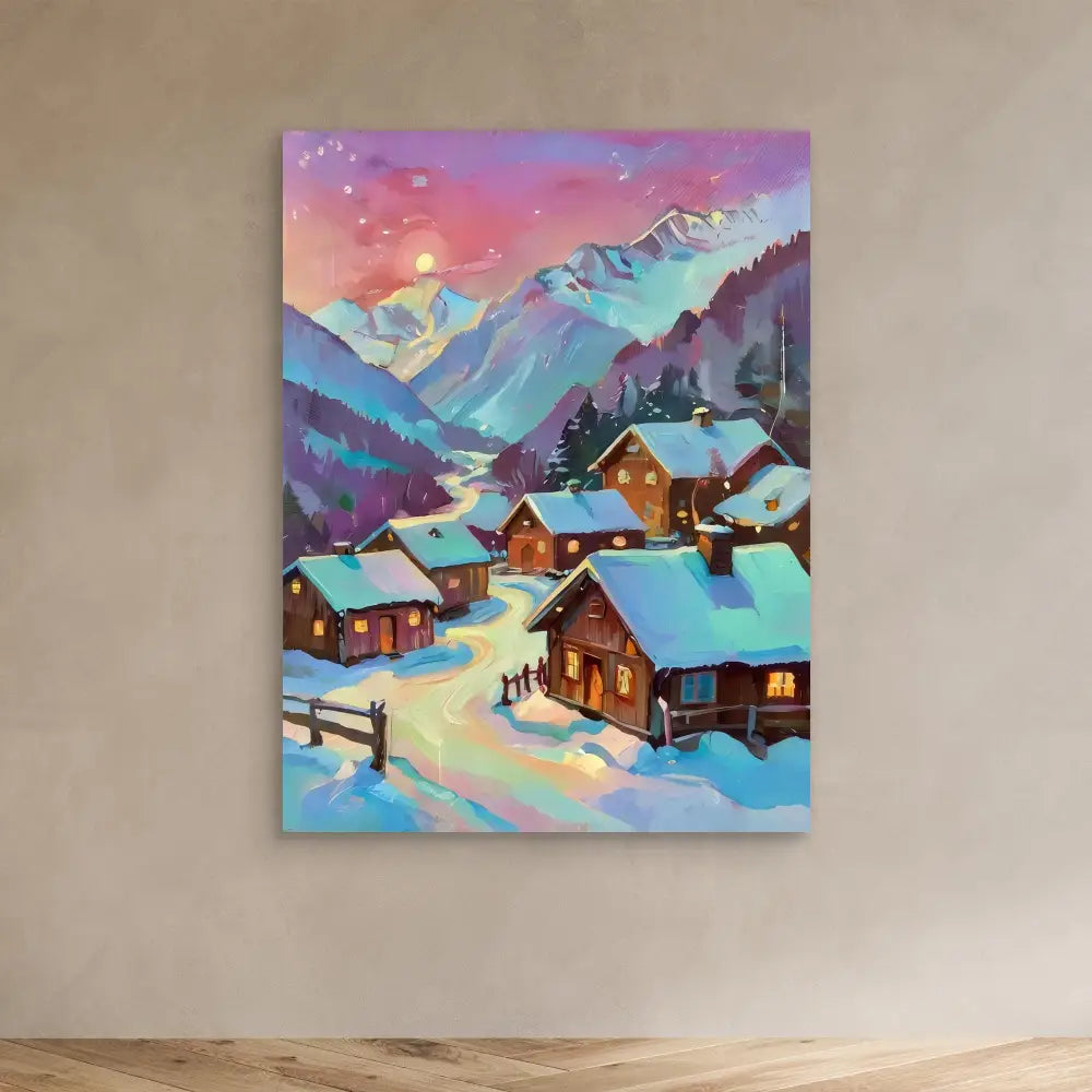 Colorful painting of a snowy mountain village with cozy wooden cabins at dusk.