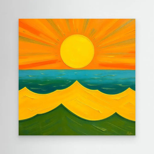 Colorful painting of a sunset over rolling hills and ocean waves.