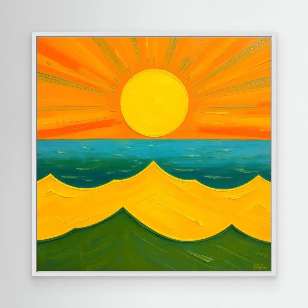 Colorful painting of a sunset over rolling hills and ocean waves.