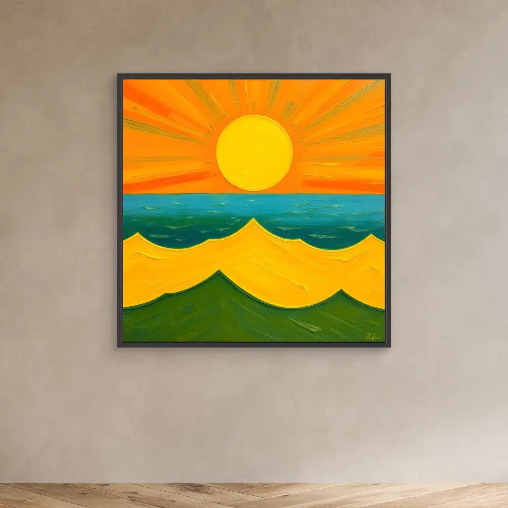 Colorful painting of a sunset over rolling hills and ocean waves.