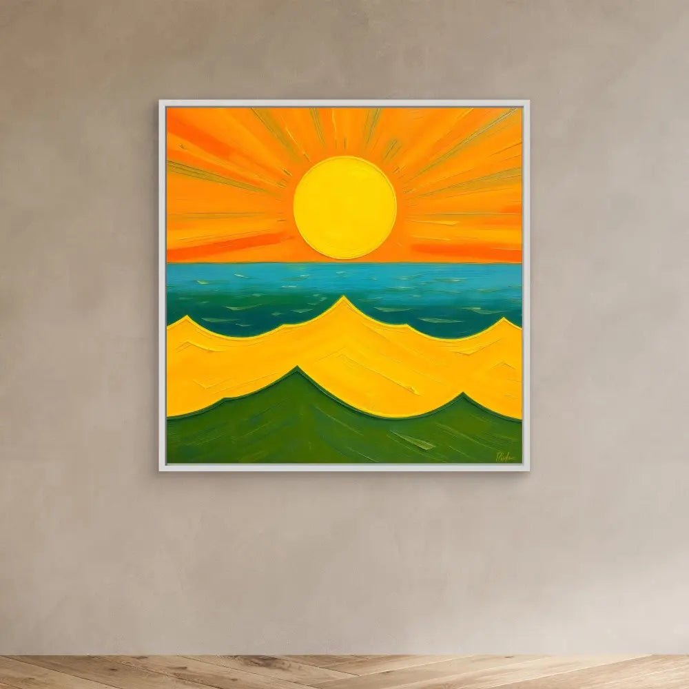 Colorful painting of a sunset over rolling hills and ocean waves.