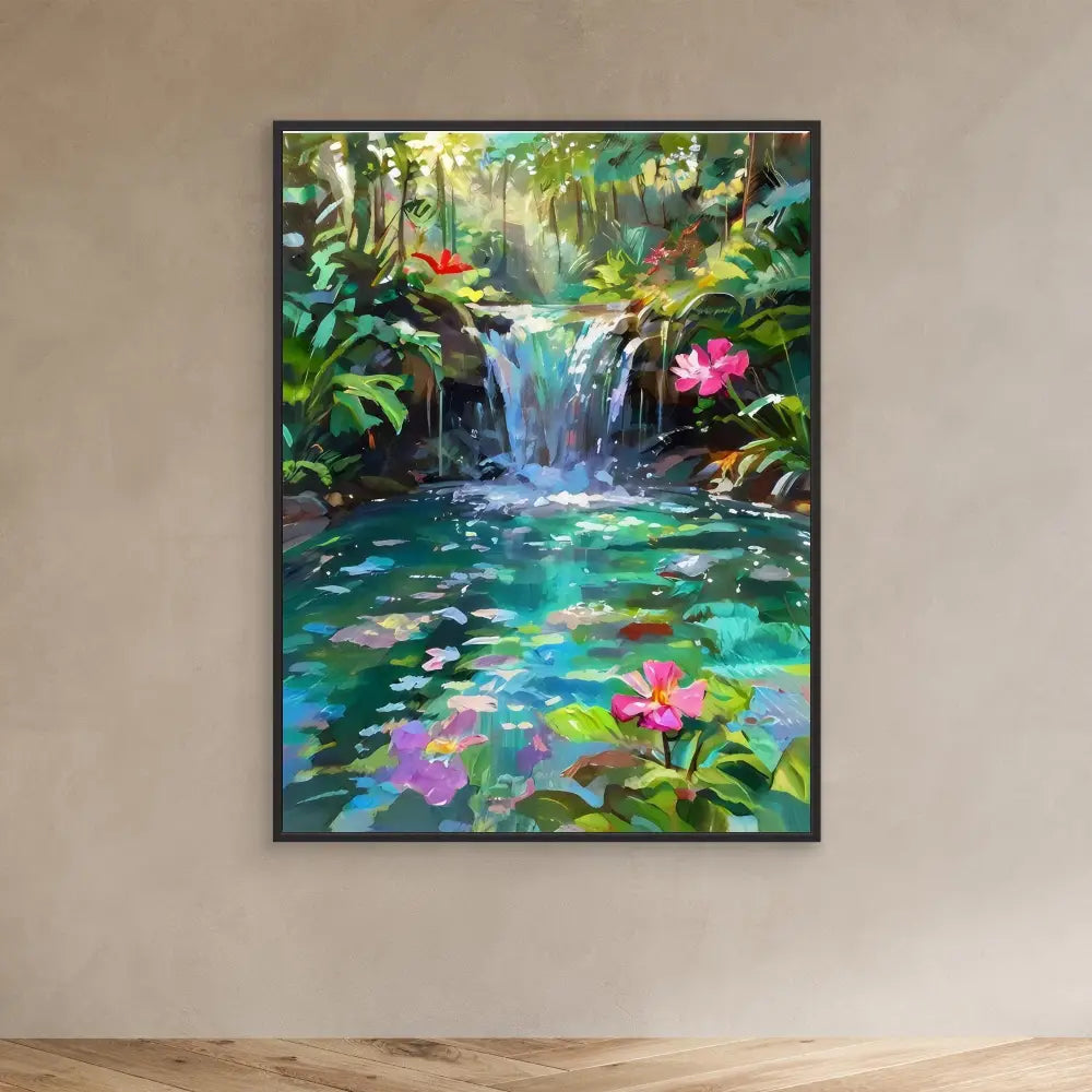 Colorful painting of a tropical waterfall with pink flowers and lush foliage.