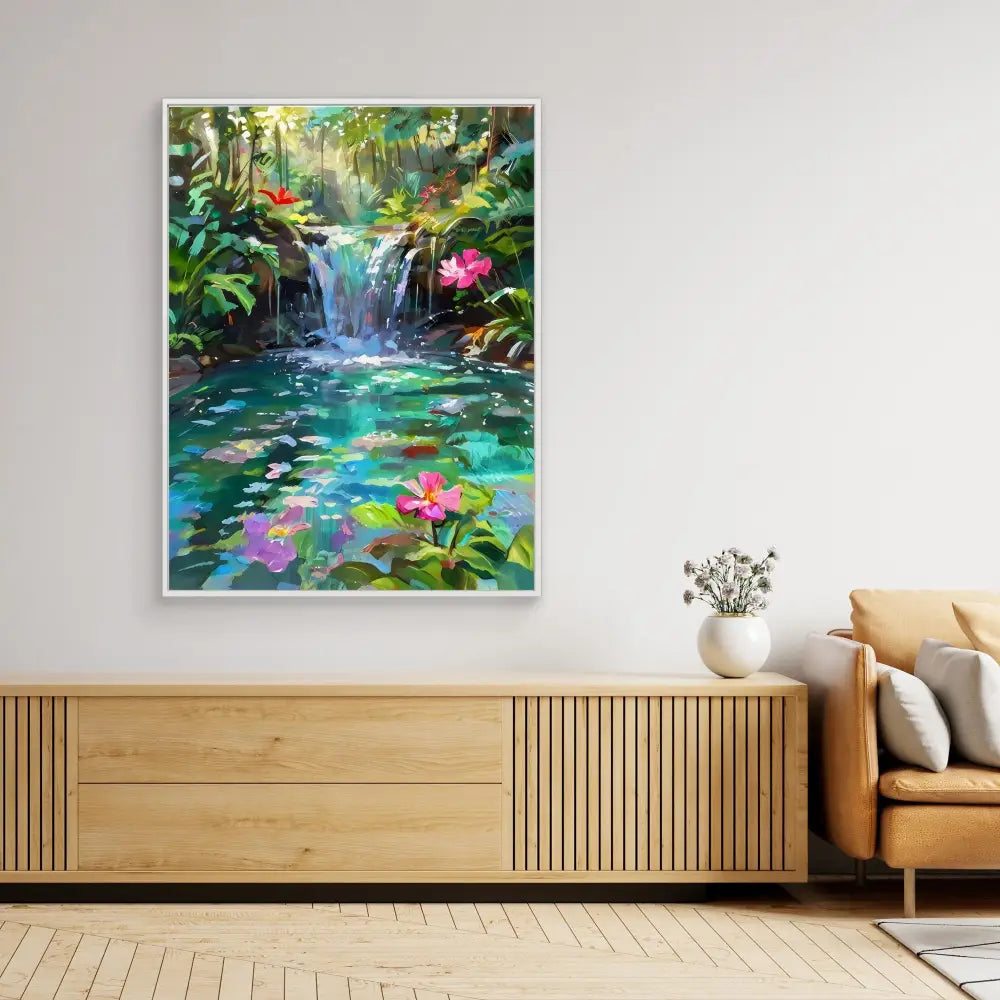 Colorful painting of a waterfall in a lush garden with water lilies.