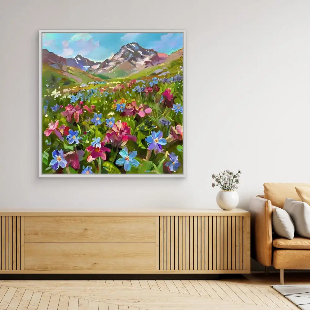 Colorful painting of wildflowers blooming in a mountain meadow.