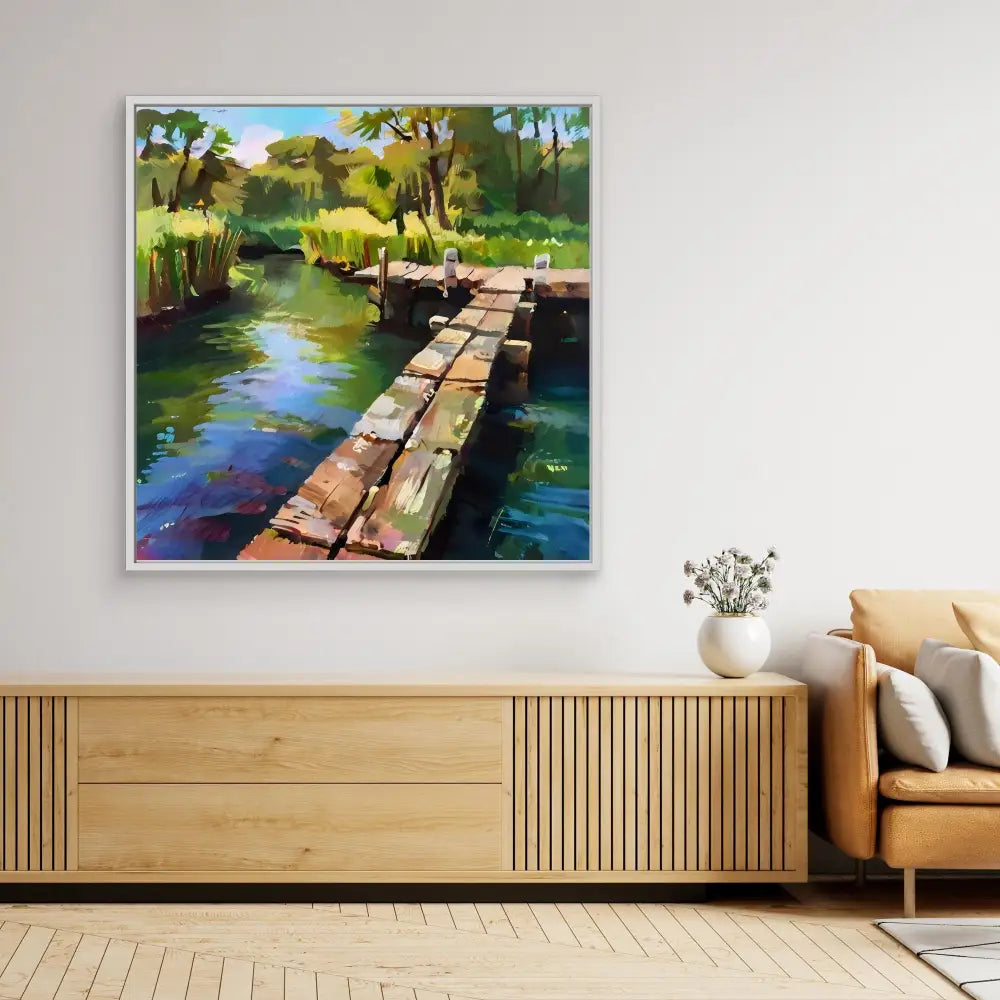 A colorful painting of a wooden dock extending over tranquil water.