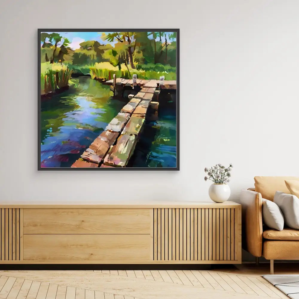 A colorful painting of a wooden dock extending over tranquil water.