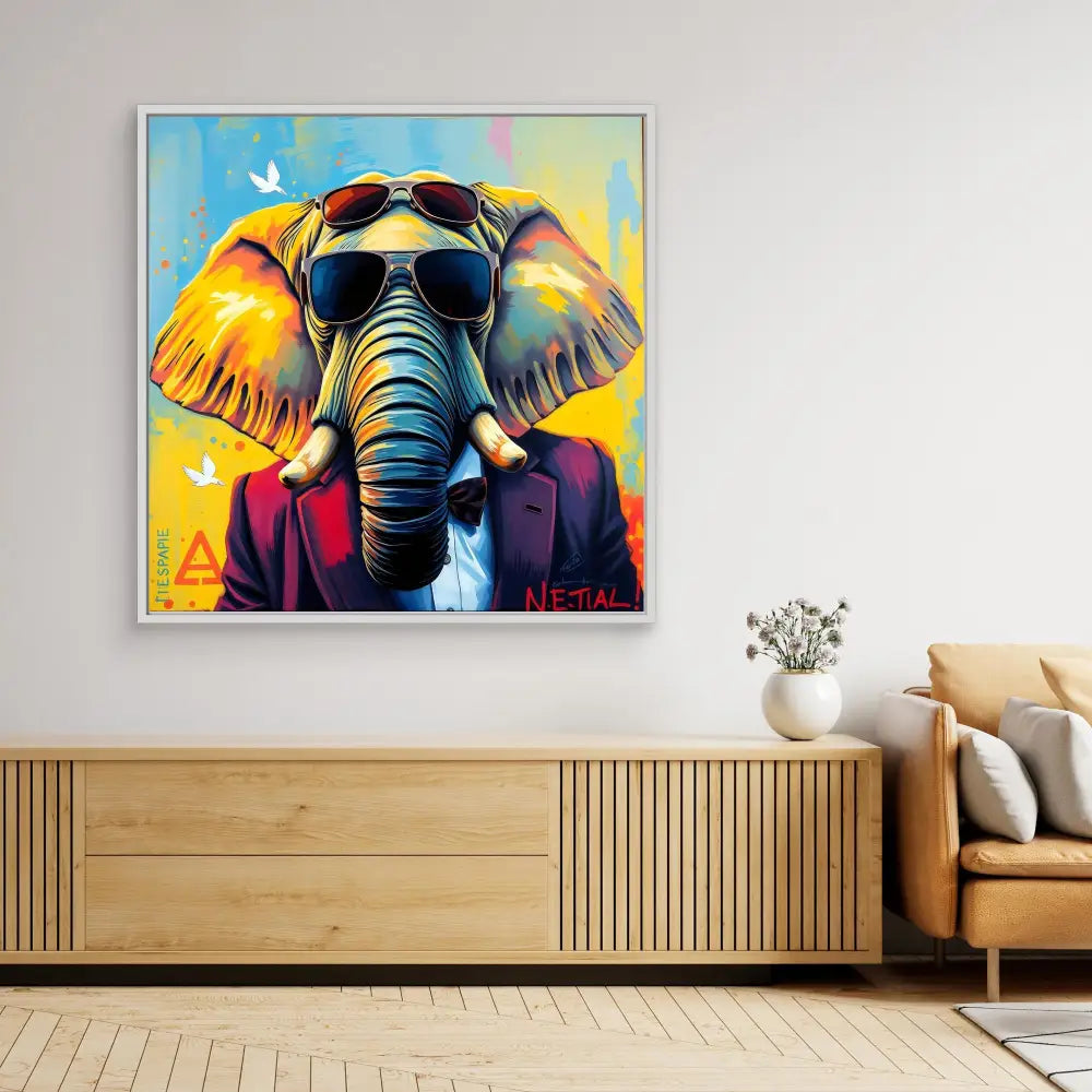 Colorful pop art painting of an elephant wearing sunglasses and a suit.