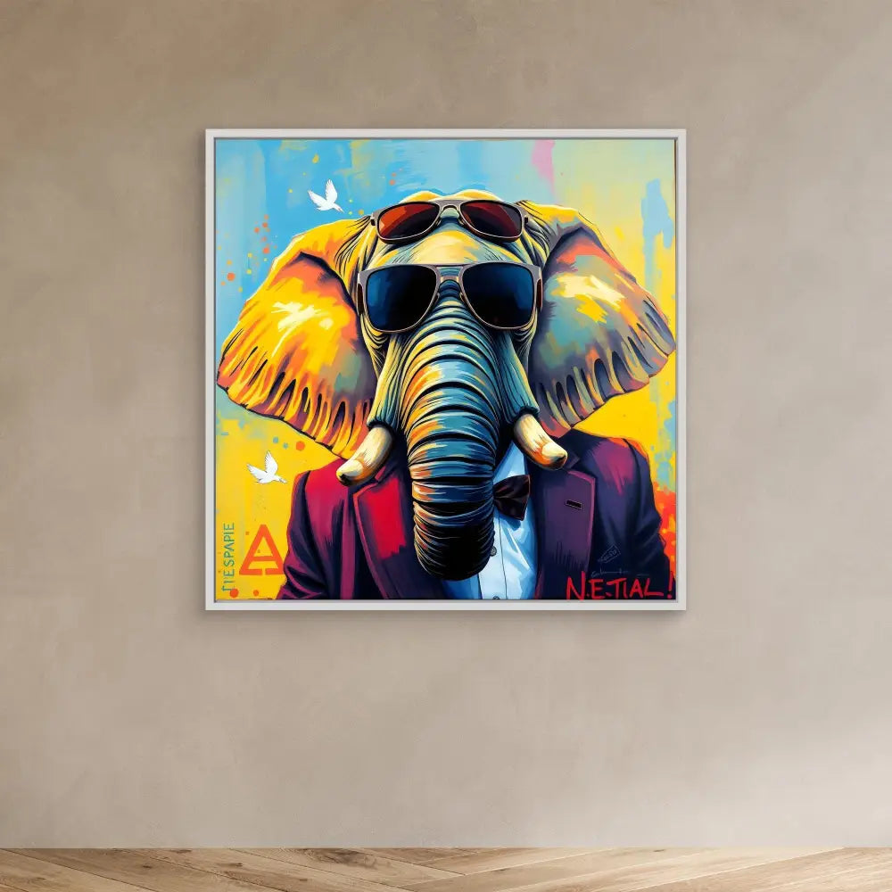 Colorful pop art painting of an elephant wearing sunglasses and a suit jacket.