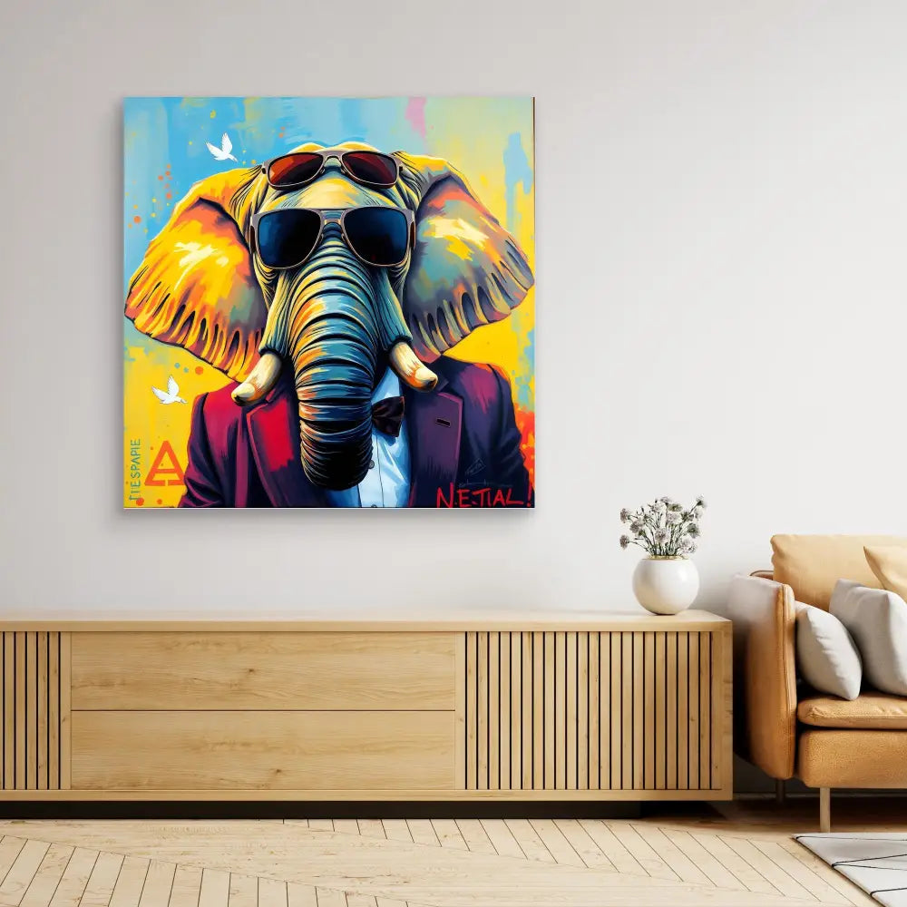 Colorful pop art painting of an elephant wearing sunglasses and a purple suit.