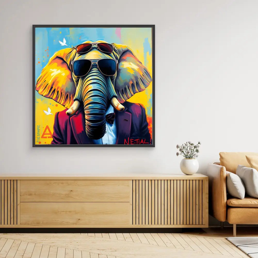 Colorful pop art painting of an elephant wearing sunglasses.