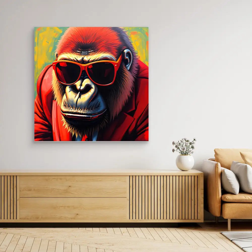 Colorful pop art painting of a gorilla wearing red sunglasses.