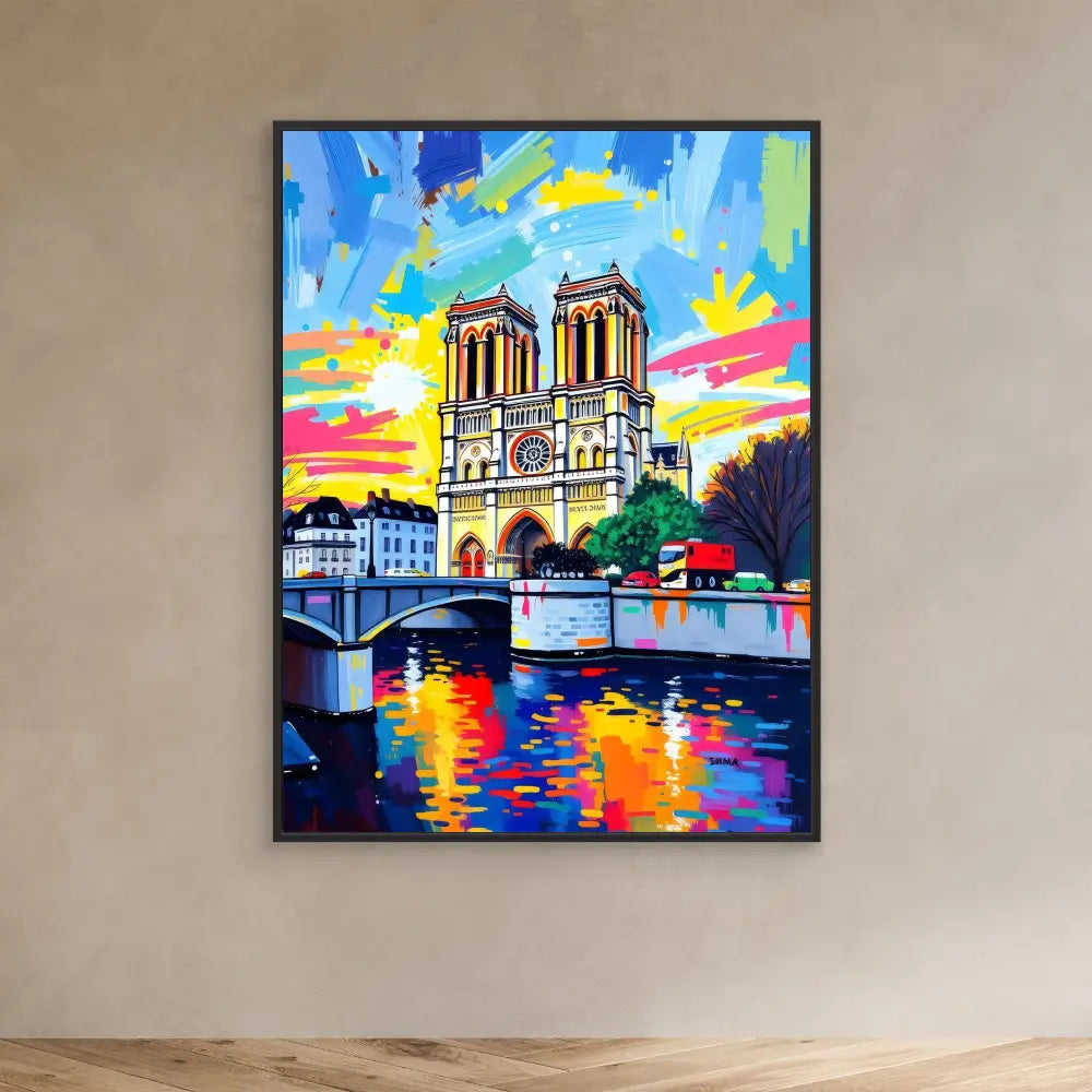 Colorful pop art painting of Notre-Dame Cathedral in Paris with vibrant sunset reflections on the Seine River.