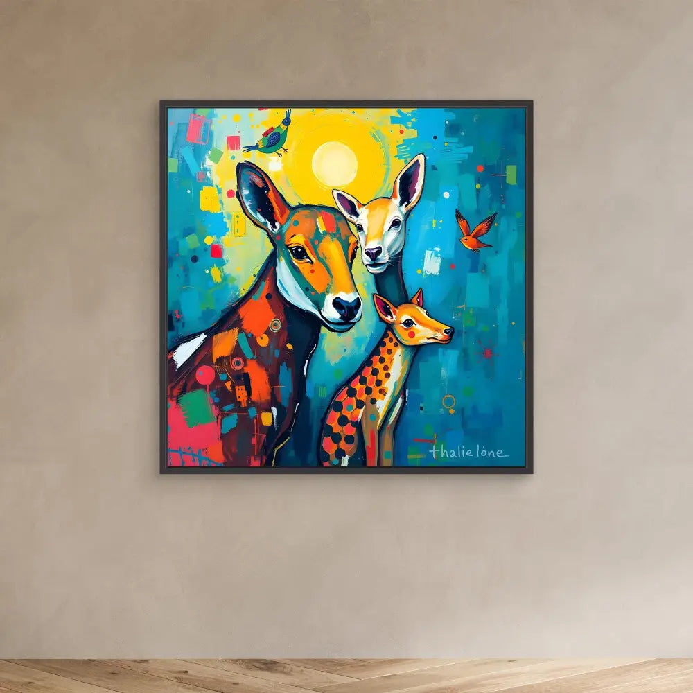 Colorful pop art painting of three deer with a butterfly against a turquoise backdrop.