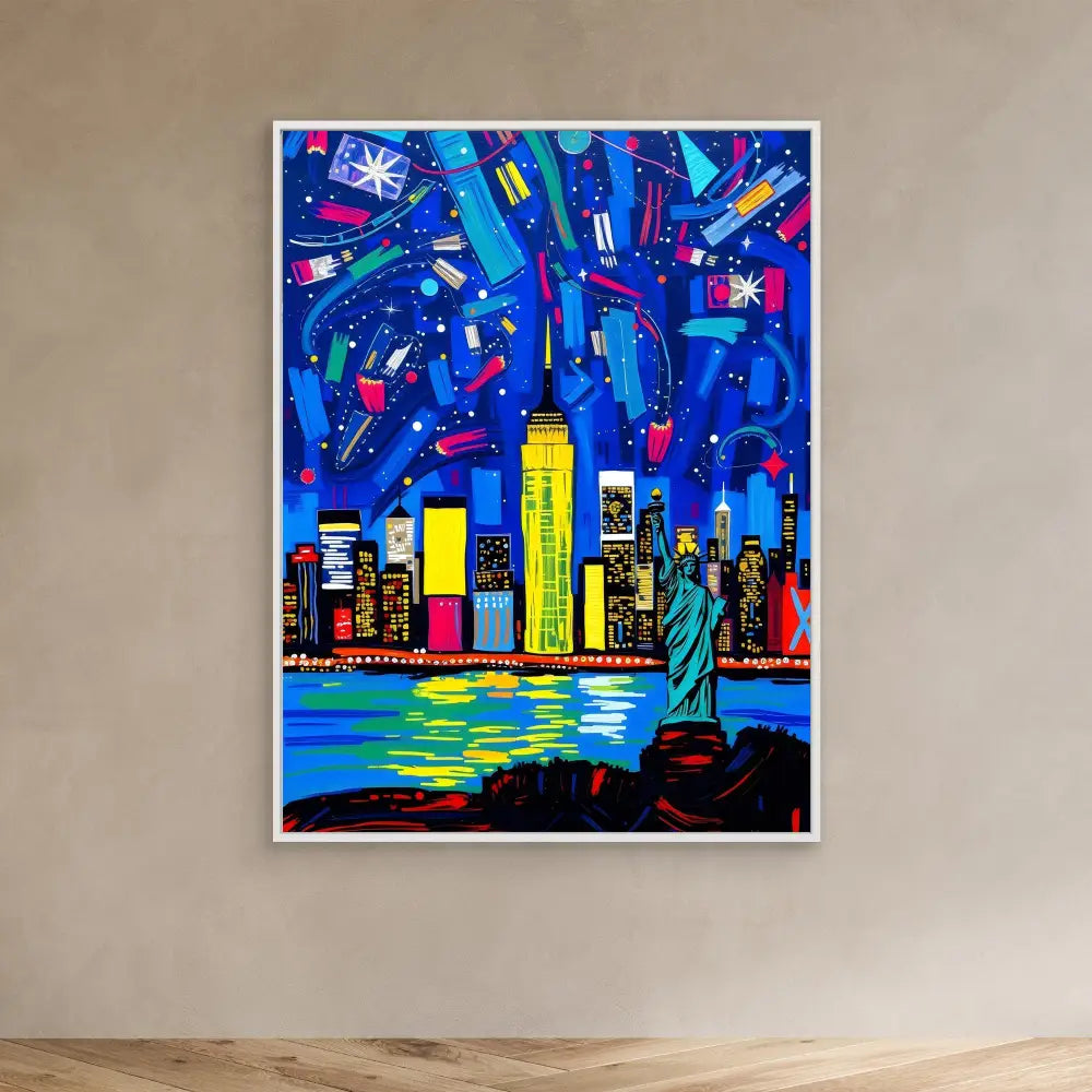 Colorful pop art painting of the New York City skyline with the Statue of Liberty at night.