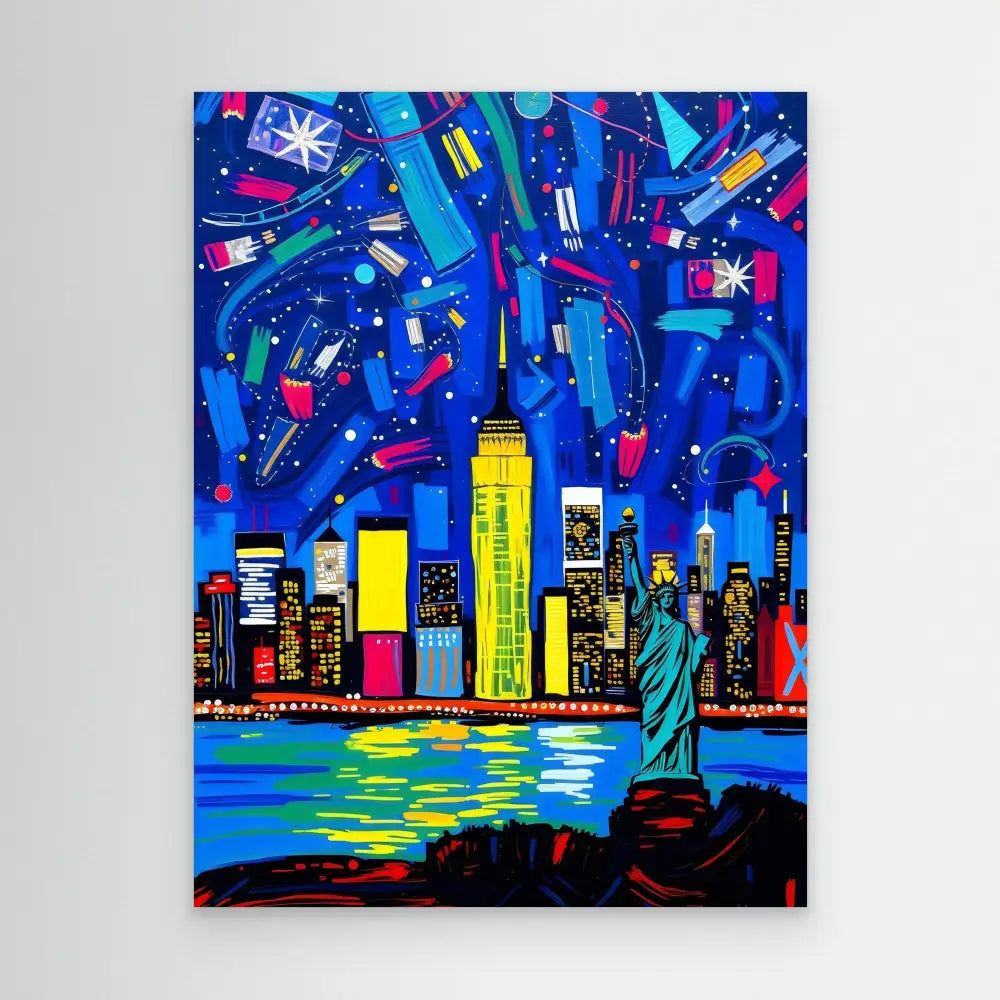 Colorful pop art painting of the New York City skyline with the Statue of Liberty.