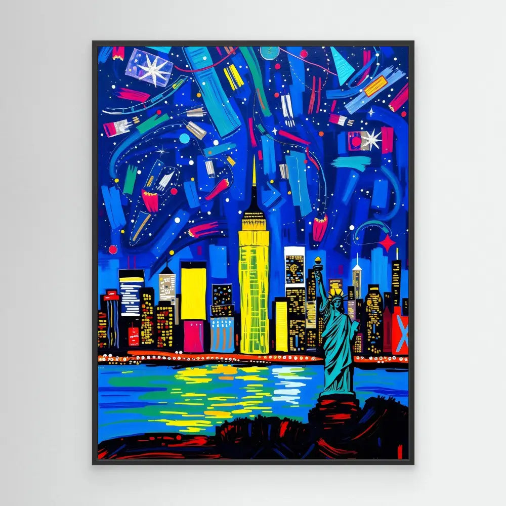 Colorful pop art painting of the New York City skyline with the Statue of Liberty at night.