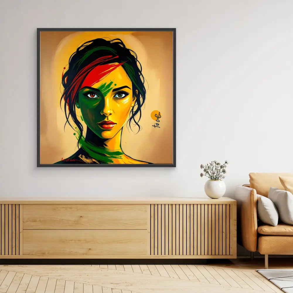 Colorful pop art portrait painting with vibrant yellow, red and green tones in a black frame.