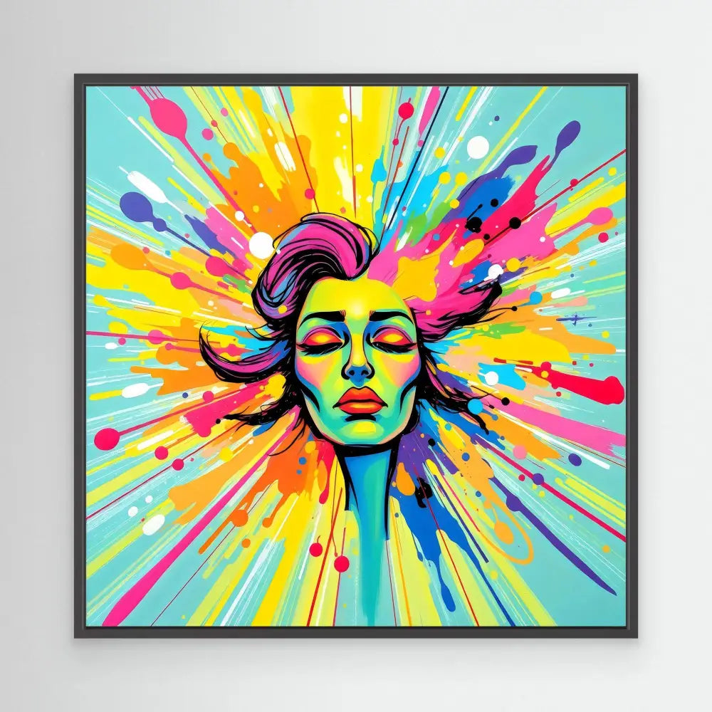 Colorful pop art portrait with vibrant paint splashes radiating outward from a serene face.