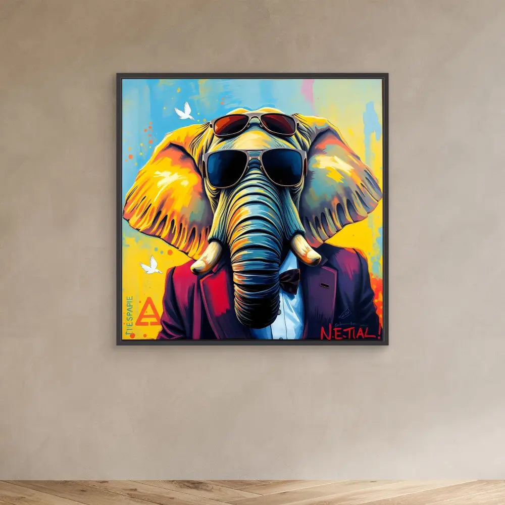 Colorful pop art-style elephant wearing sunglasses and a suit jacket.