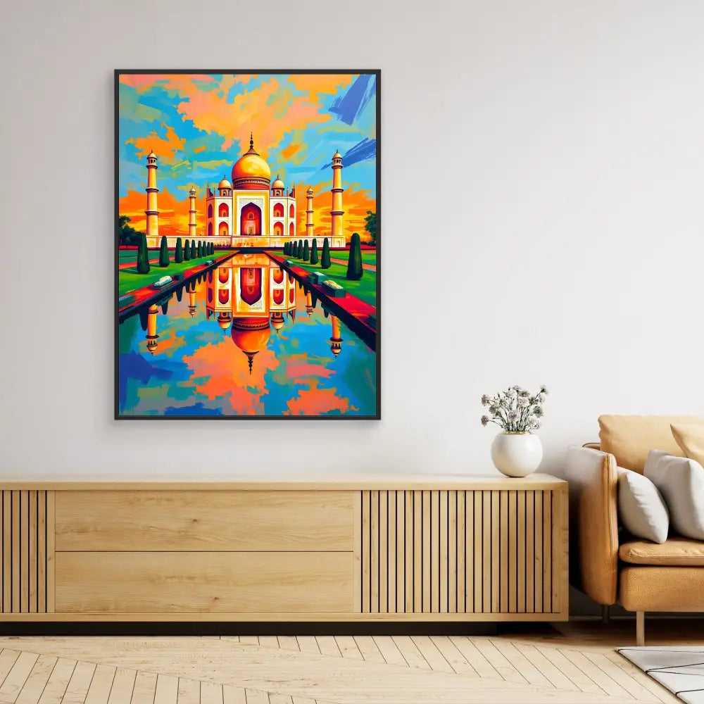 Colorful pop art style painting of the Taj Mahal with its reflection in water.