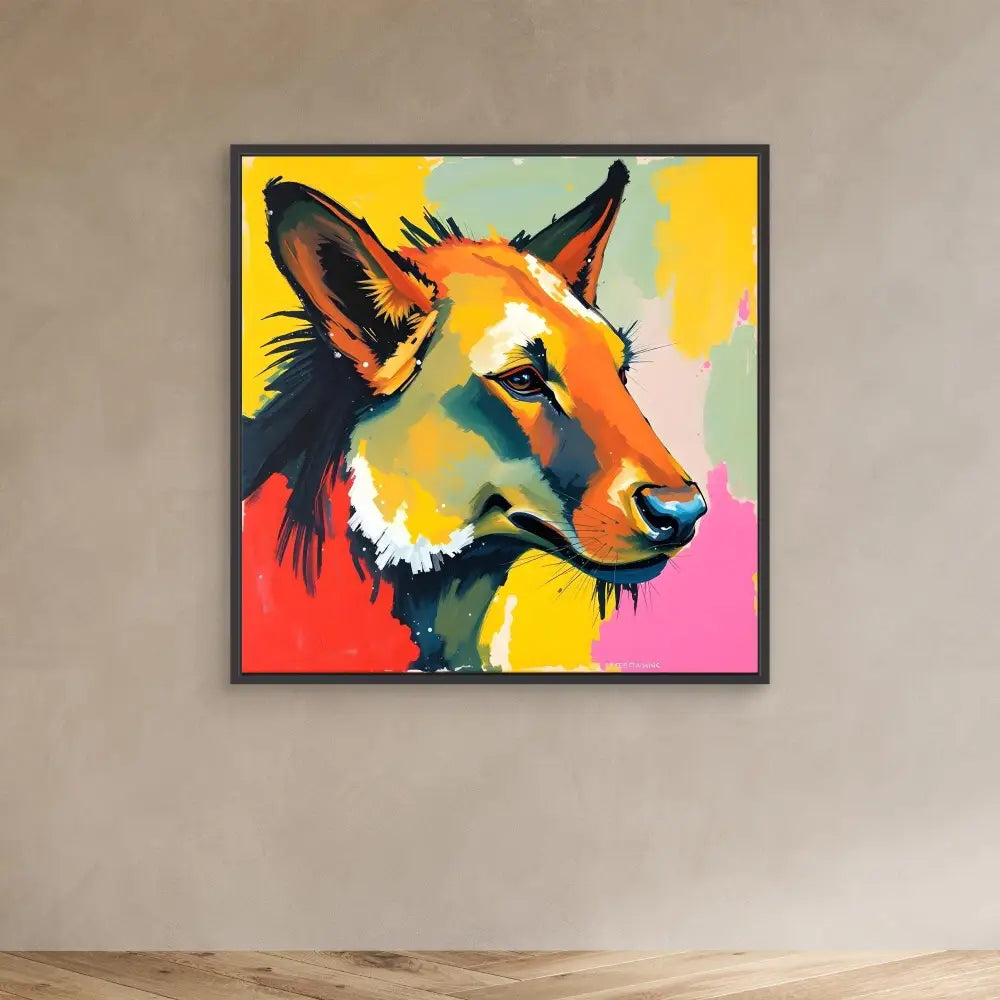 Colorful pop art style portrait of a German Shepherd dog’s head against vibrant stripes.