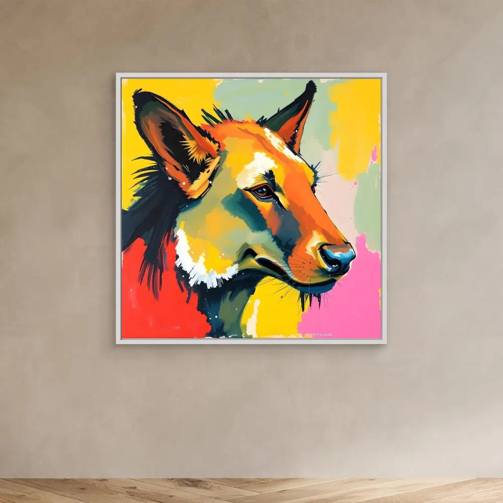 Colorful pop art style portrait of a German Shepherd dog’s head.