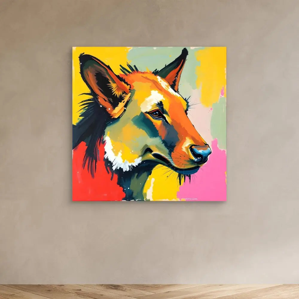 Colorful pop art style portrait of a German Shepherd dog’s head.