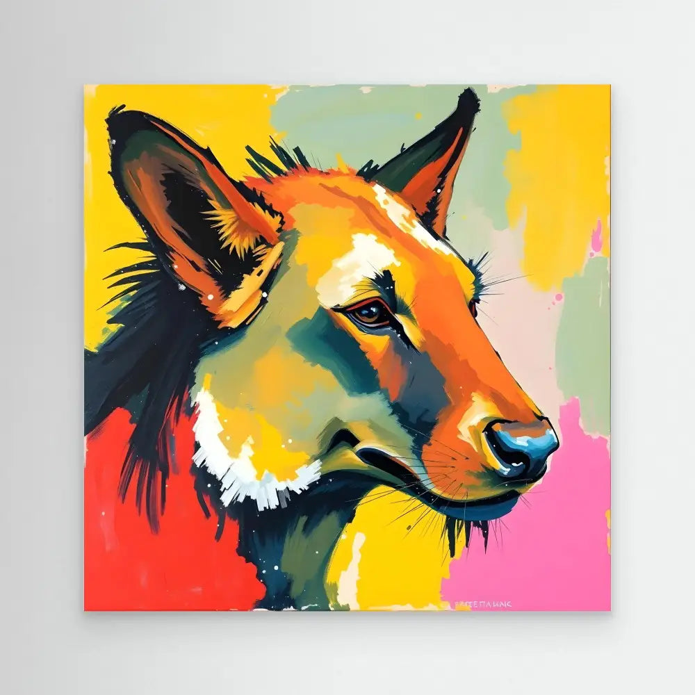 Colorful pop art style portrait of a German Shepherd dog’s head.