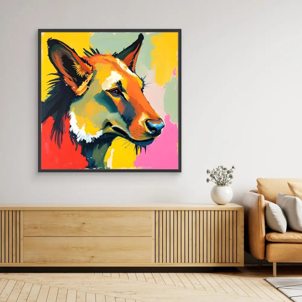 Colorful pop art-style portrait of a fox against vibrant yellow and coral backgrounds.