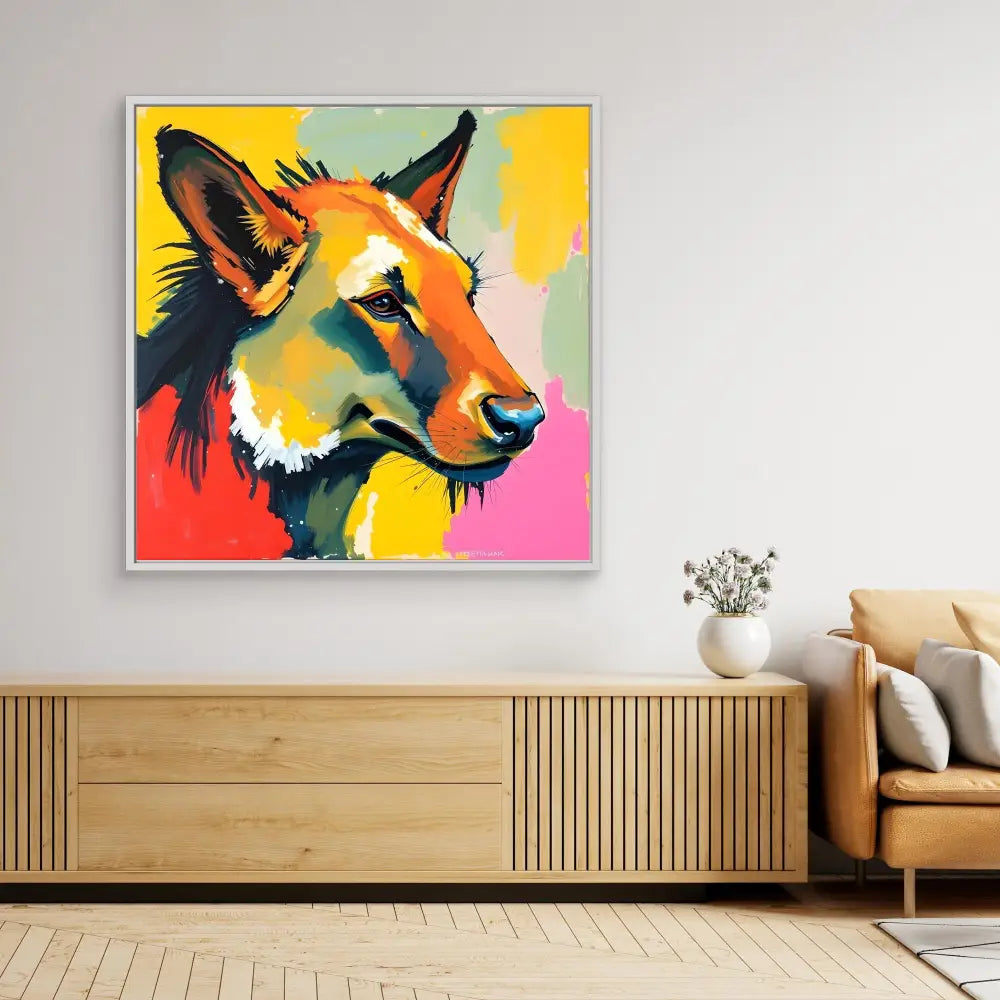 Colorful pop art-style portrait of a fox’s head against vibrant yellow and pink tones.