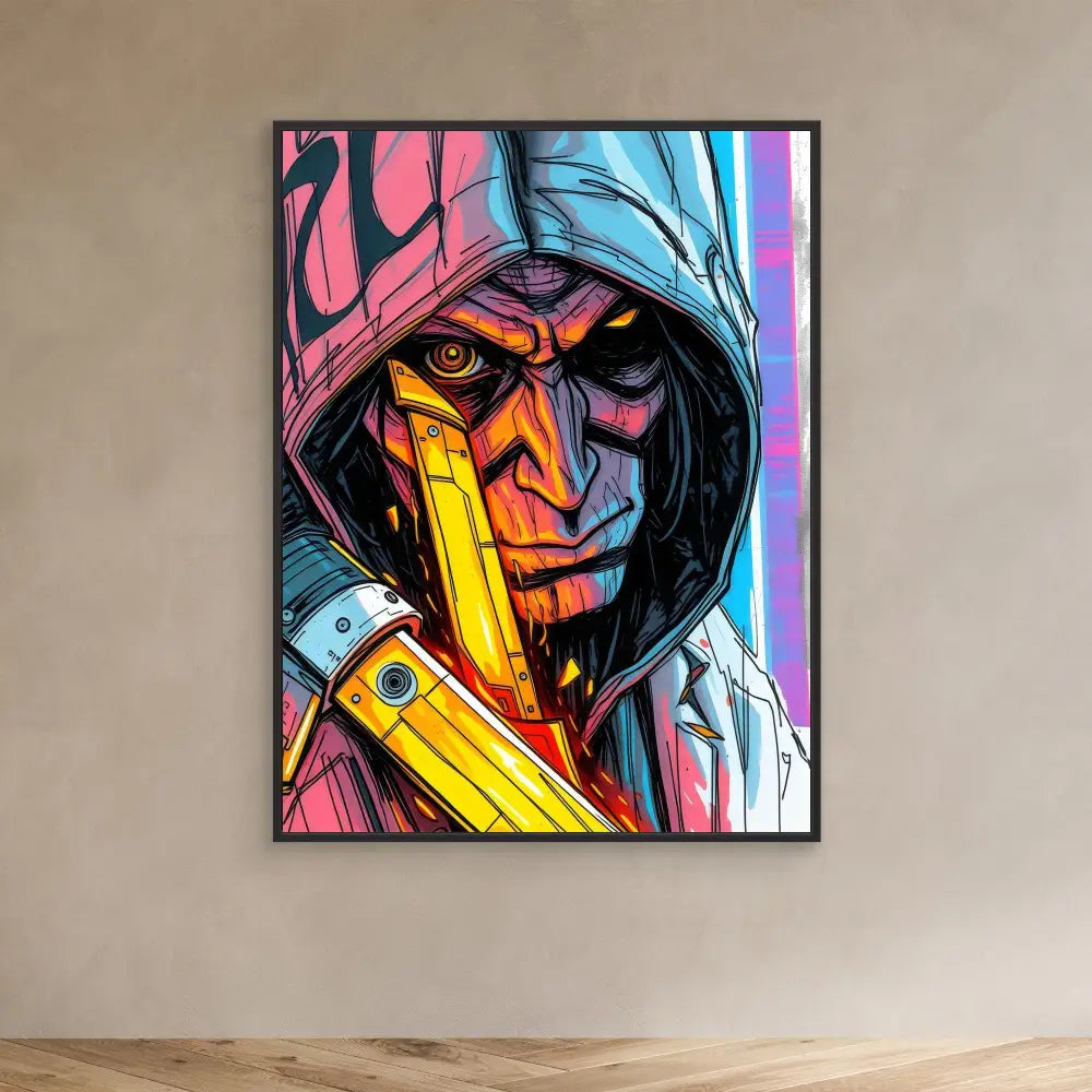 Colorful pop art-style portrait of a hooded figure with glowing orange eyes and metallic gold facial features.