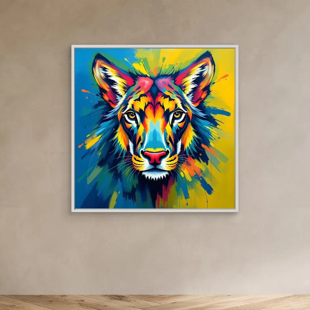 Colorful pop art style tiger portrait with vibrant splashes of blue, yellow, and orange.