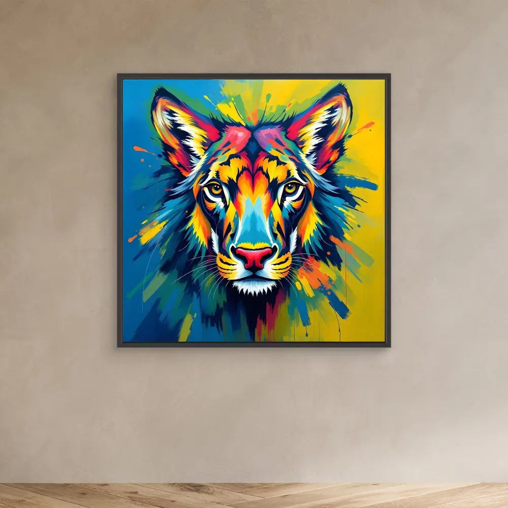 Colorful pop art-style tiger head with vibrant splashes of blue, yellow, and orange.