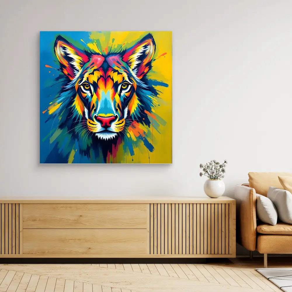 Colorful pop art-style tiger head with vibrant splashes of blue, yellow, and orange.