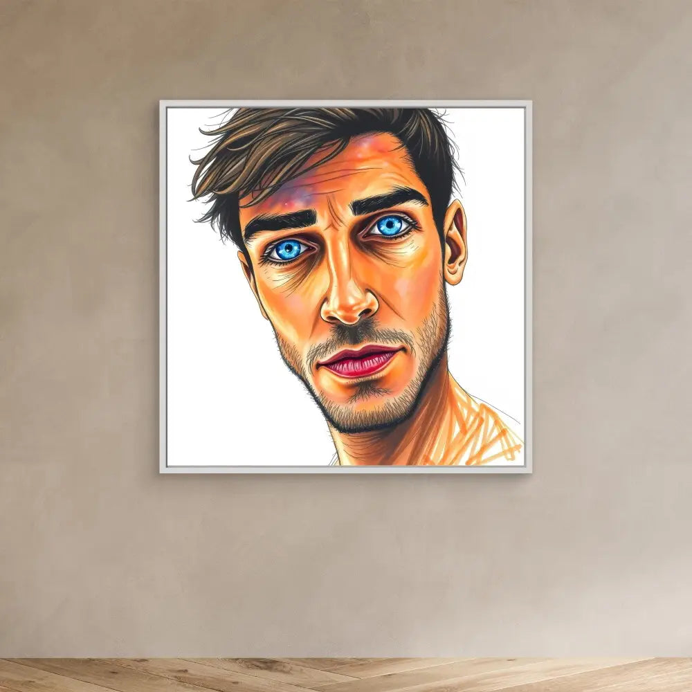 A colorful portrait drawing featuring striking blue eyes and warm orange-toned shading.