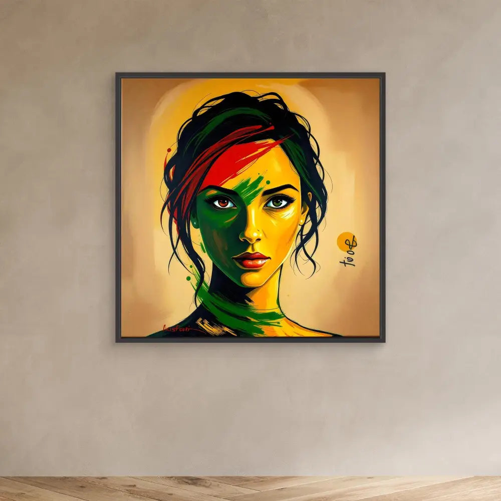 Colorful portrait painting featuring bold red, green and yellow tones against a warm background.