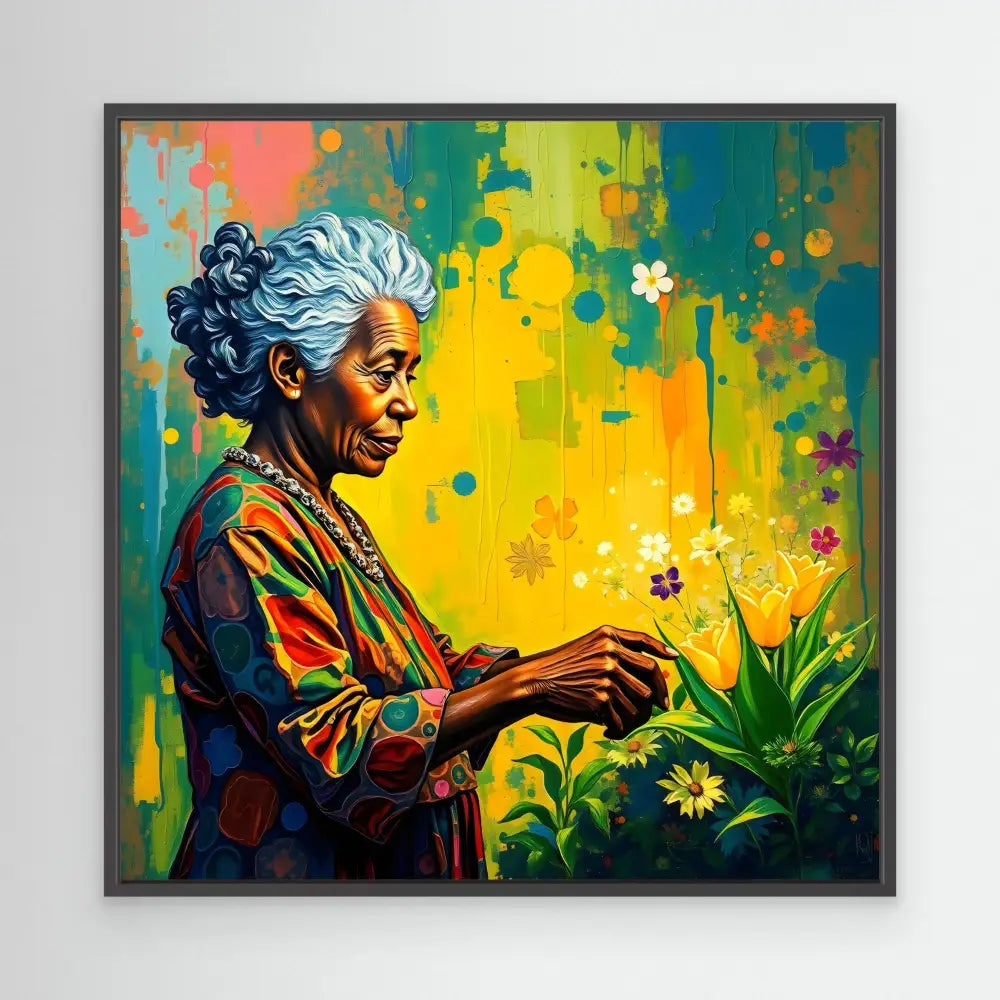 Colorful portrait painting of an elderly woman in a patterned robe tending to flowers.