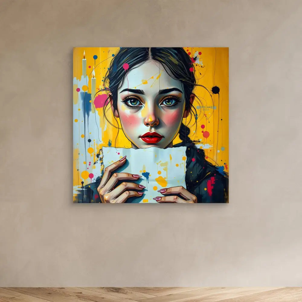 Colorful portrait painting with paint splatters featuring someone holding a coffee cup against a yellow backdrop.