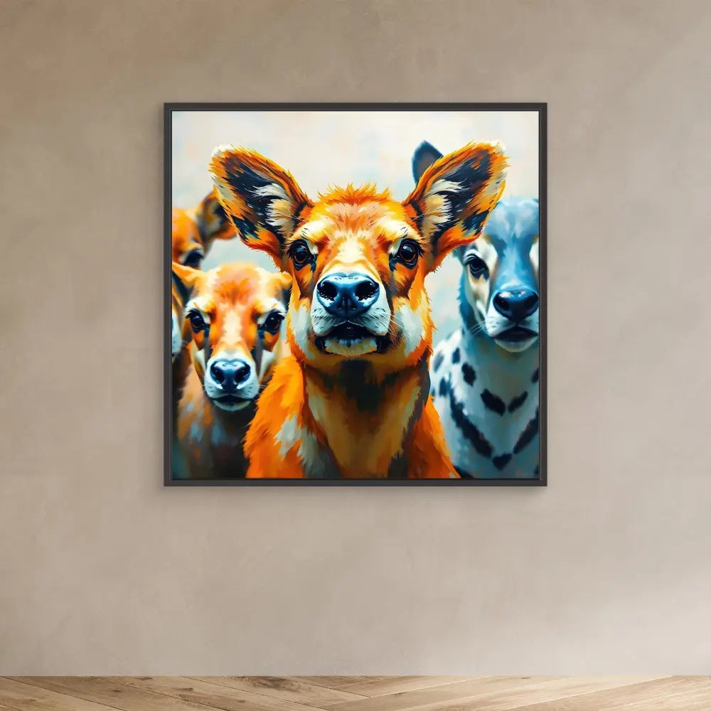 Colorful portrait painting of three deer faces looking straight ahead.