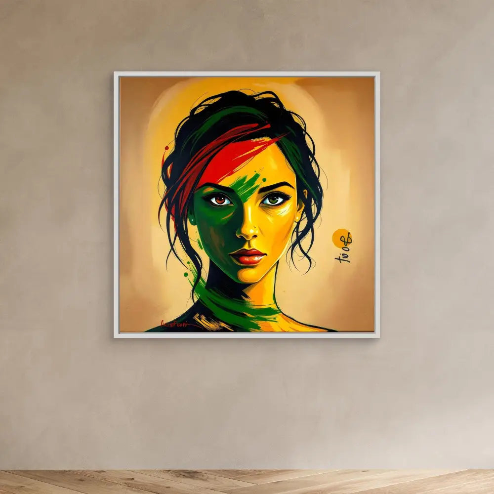 Colorful portrait painting featuring vibrant red, yellow and green tones against a warm background.