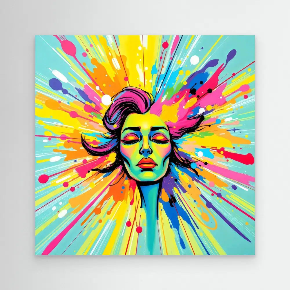 Colorful portrait of a serene face surrounded by vibrant paint splashes and radiating lines.