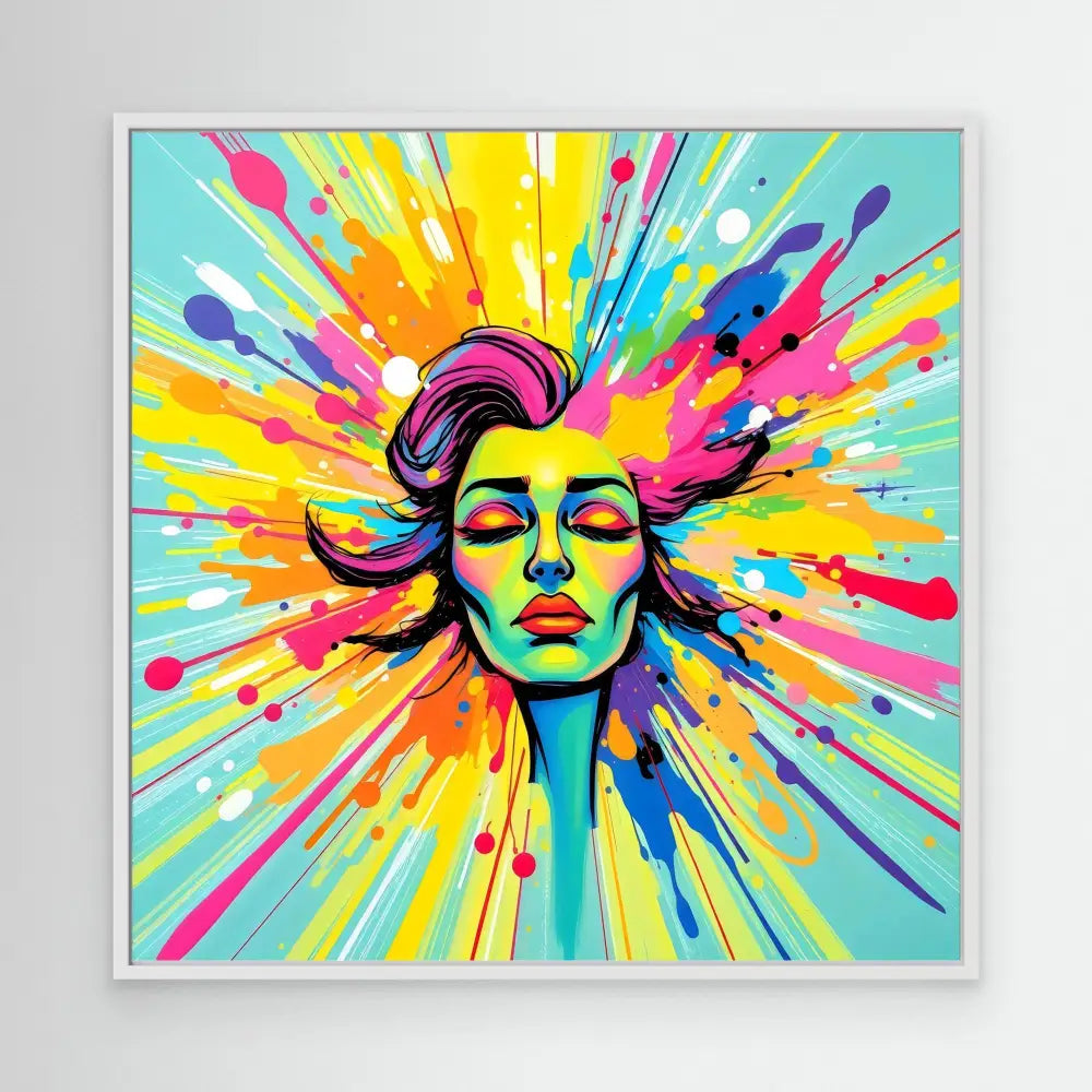 Colorful portrait of a serene figure with closed eyes amid radiating paint splashes and bursts.