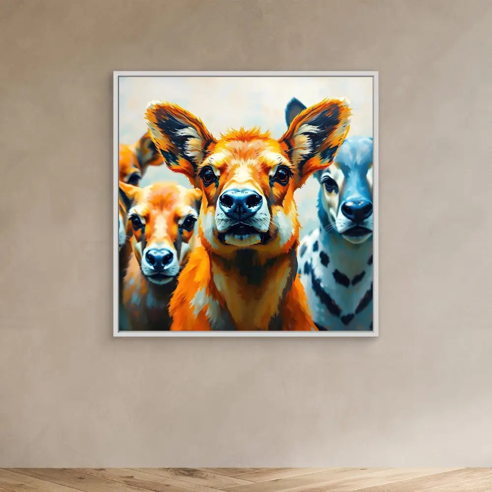 Colorful portrait of three deer faces looking directly at the viewer.