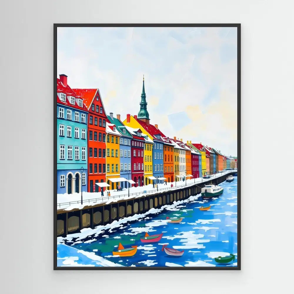 Colorful row of buildings along a snowy canal in Copenhagen’s Nyhavn district.