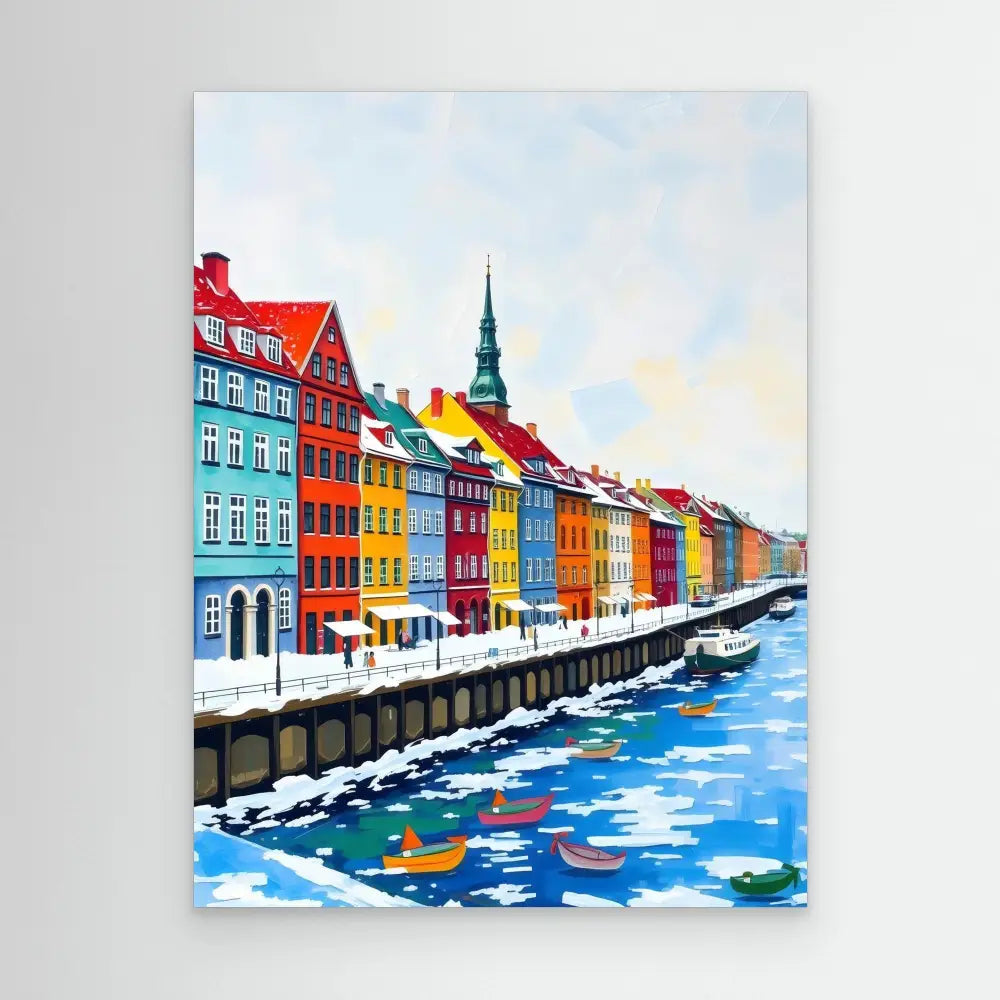 Colorful row of buildings along a snowy waterfront with boats in Copenhagen’s Nyhavn district.