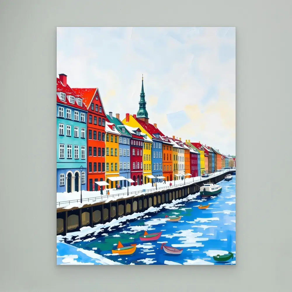 Colorful row of historic buildings along a snowy canal waterfront in Copenhagen.