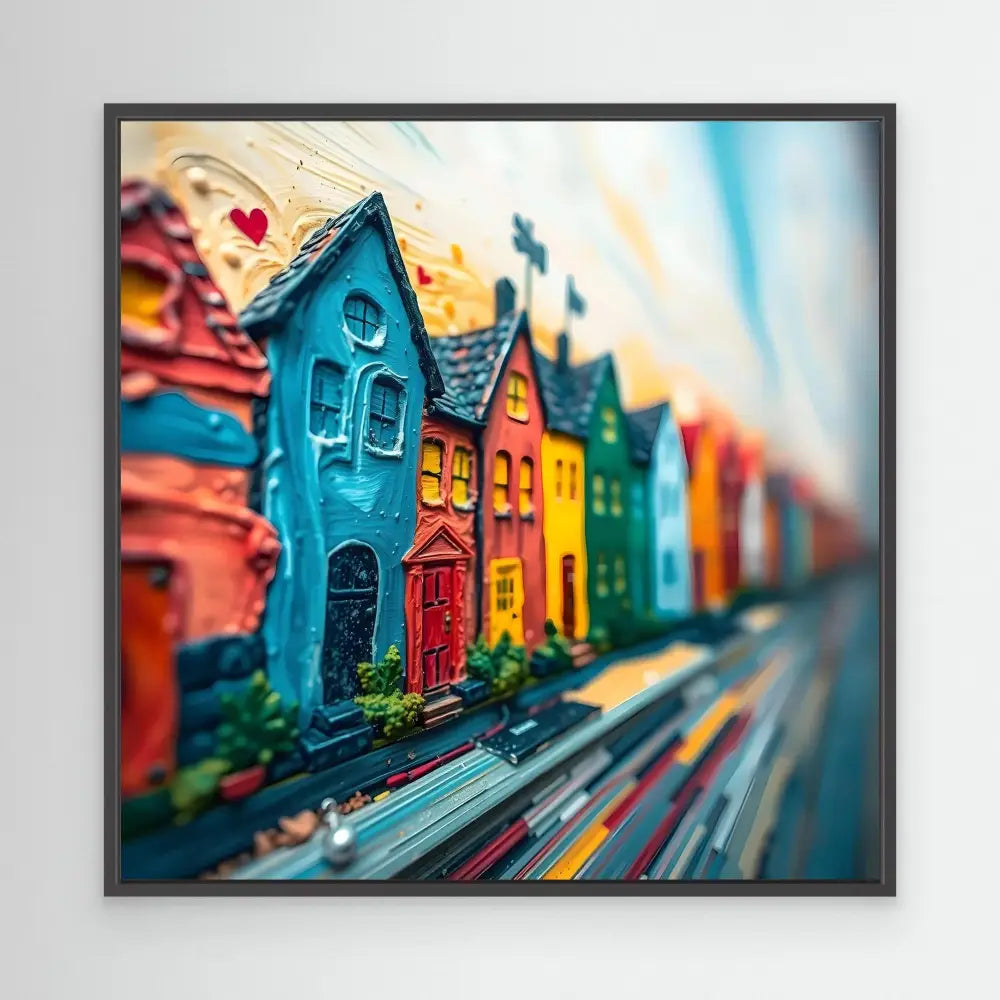 Colorful row houses with whimsical architectural details painted in bright turquoise, red, yellow and green.