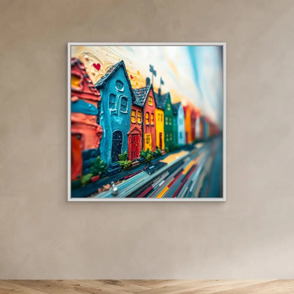 Colorful row of miniature houses with a tilt-shift photography effect.