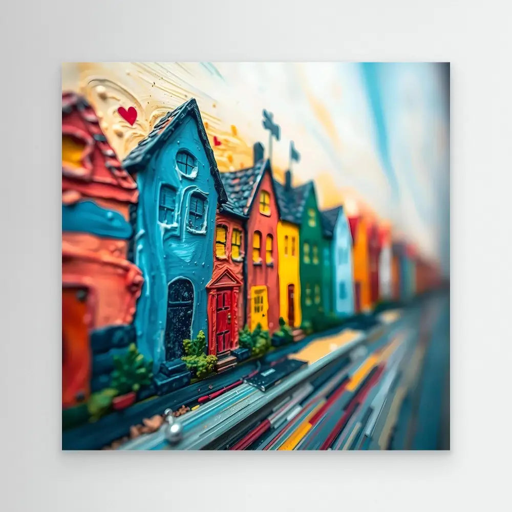 Colorful row of whimsical houses painted in bright turquoise, yellow, red and green tones.